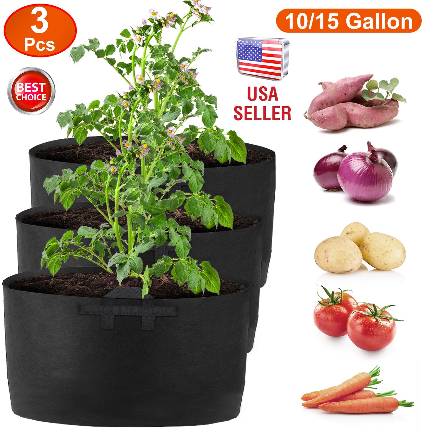 3 Pack Plant Grow Bags Potato Vegetable Planter Bags Breathable Planting Fabric Pots 10Gallons