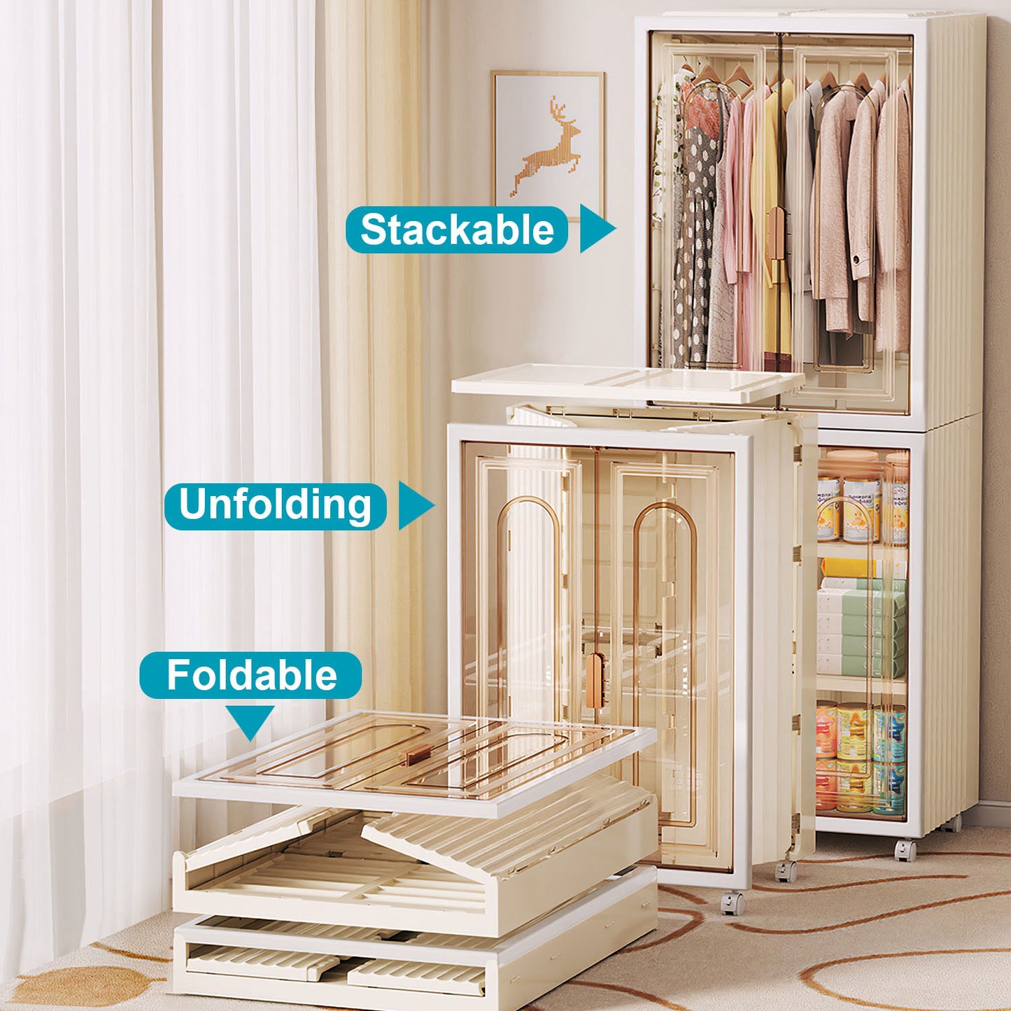 Small Wardrobe Closet Kids Wardrobe Clear Wardrobe Closet for Hanging Clothes Stackable Storage Cabinet with Magnetic Design for Living Room Bedroom D