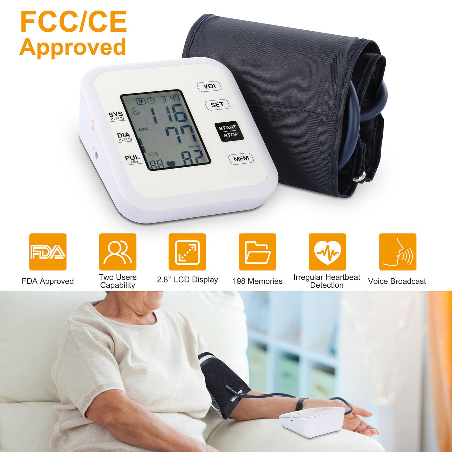 Arm Blood Pressure Monitor with Adjustable Cuff (8.7in-12.6in) Irregular Heartbeat Detector Voice Broadcast 2UsersÊ99 Memories LCD Display CE FDA Appr