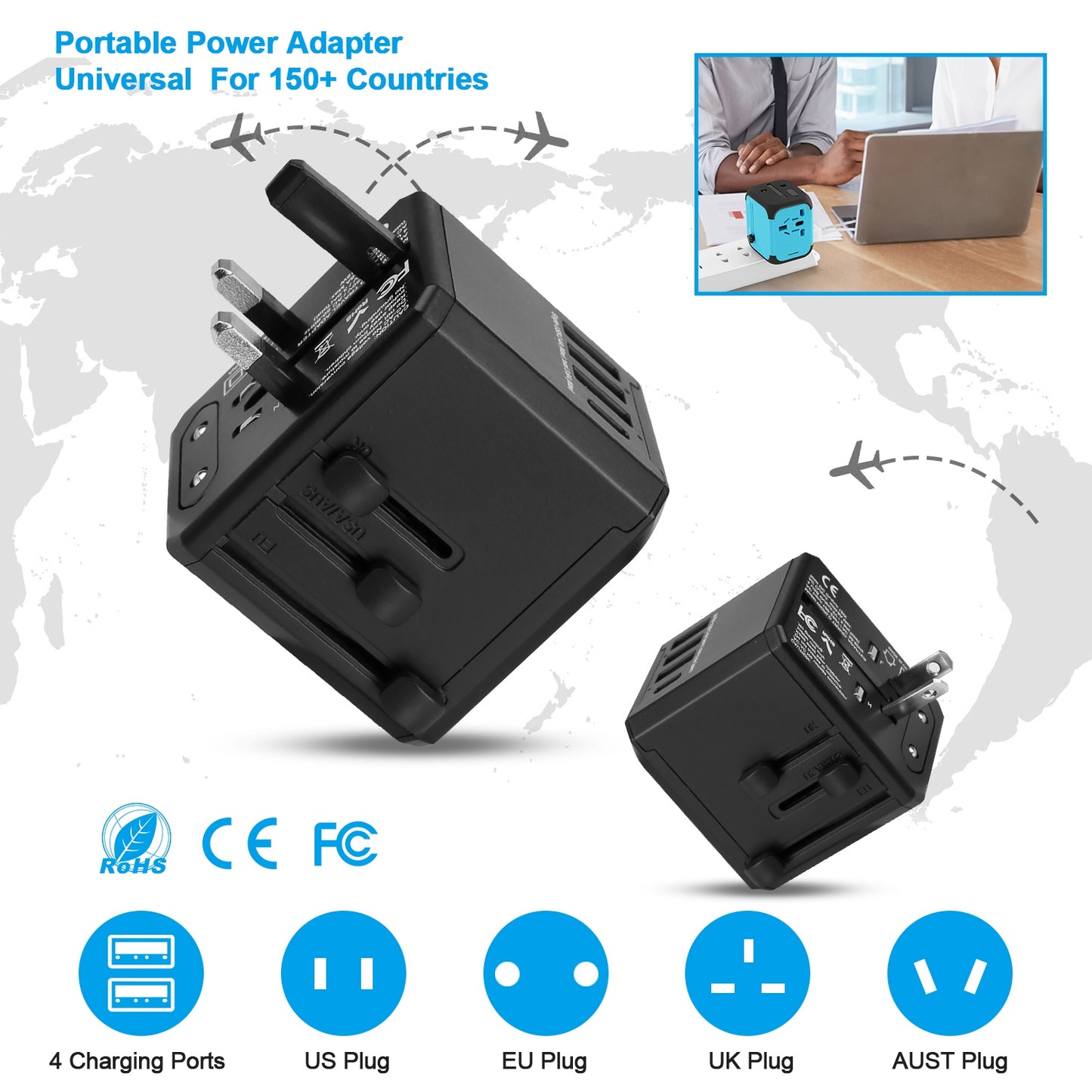 Universal Travel Power Adapter All in One AC Power Plug Adapter International Wall Charger with 4 Charging Ports for Phones Tablets Cameras US UK EU A