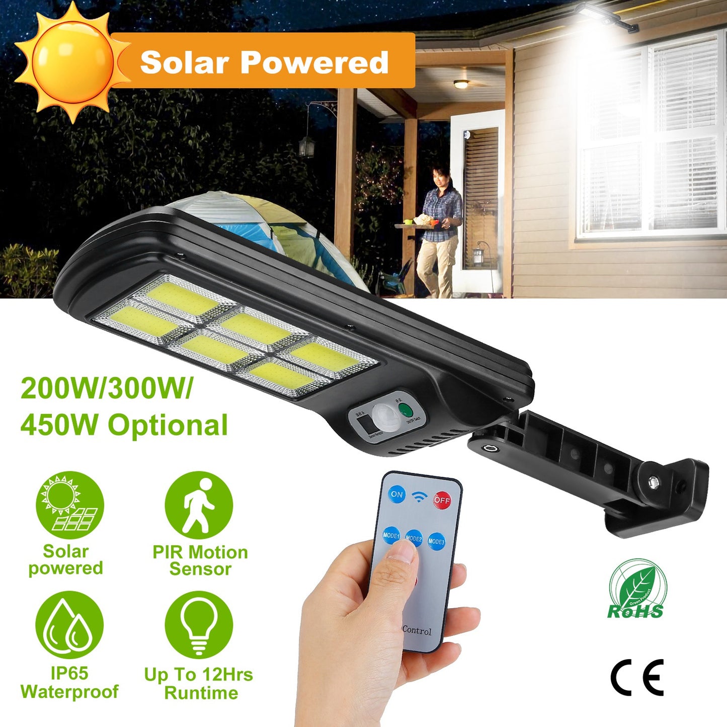 Solar Powered Wall Lights Outdoor 128LED Beads Motion Sensor Lamp IP65 Waterproof 3 Modes Sensor Light W/ Remote Control For Street Front Door Deck