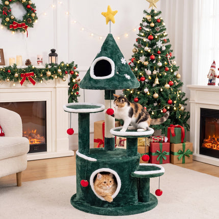 50" Christmas Cat Tree with 2 Condos & Scratching Post