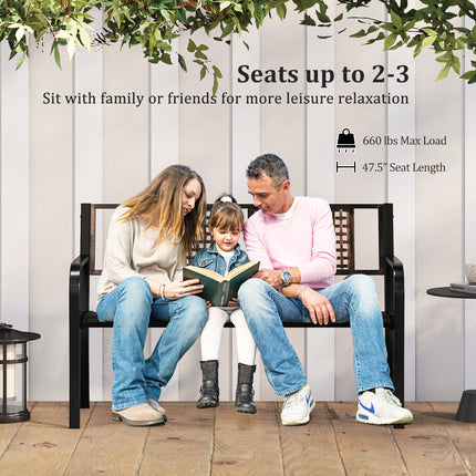 50 Inch Outdoor Metal Garden Bench with Rattan-Like Backrest for 2-3 People-Black