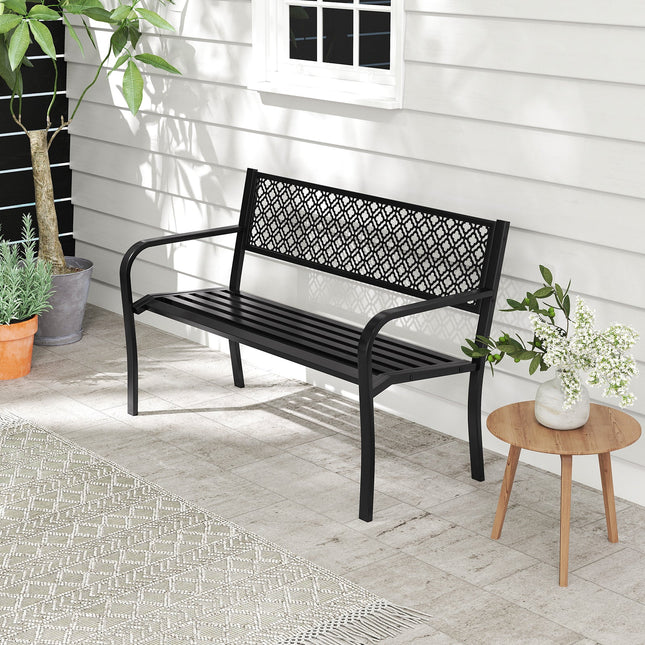 50 Inches Outdoor Garden Bench with Geometric Lattice Backrest and Slatted Seat