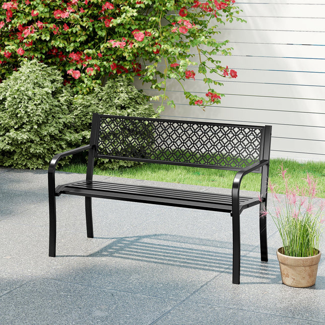 50 Inches Outdoor Garden Bench with Geometric Lattice Backrest and Slatted Seat