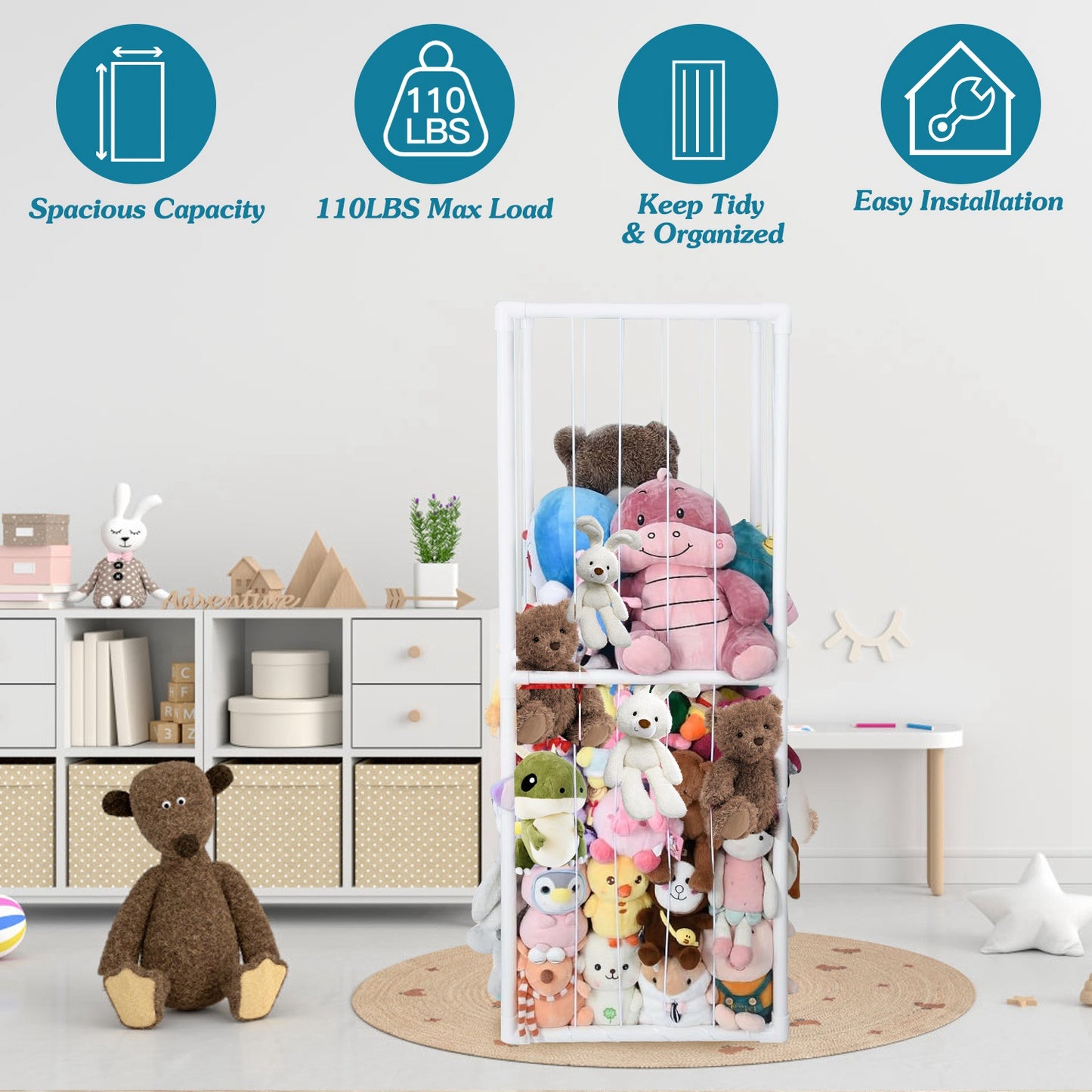 Stuffed Animal Storage PVC Plush Organizer Shelf Plush Stuffed Animal Holder Standing Kids Toy Storage Cage with Elastic Band for Nursery Play Room Be