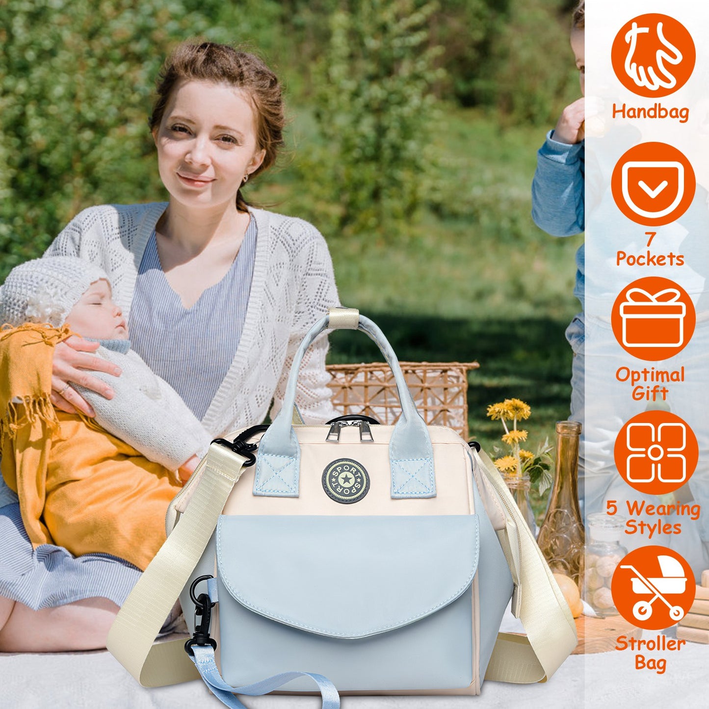 Baby Nappy Diaper Bag with 6 Pockets Burp Cloth Adjustable Shoulder Strap Detachable Small Bag Multifunctional Diaper Changing Bag with 2 Insulated Po