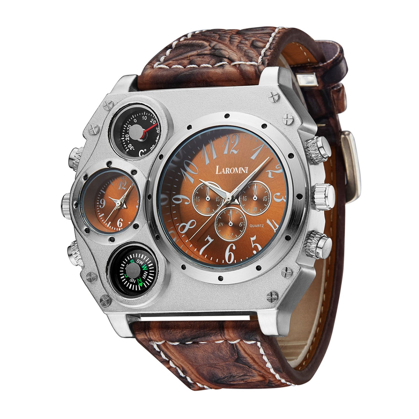 MenÕs Quartz Watch Two Time Zone Big Face Military Style Compass Thermometer Decorative Dial PU Leather Strap