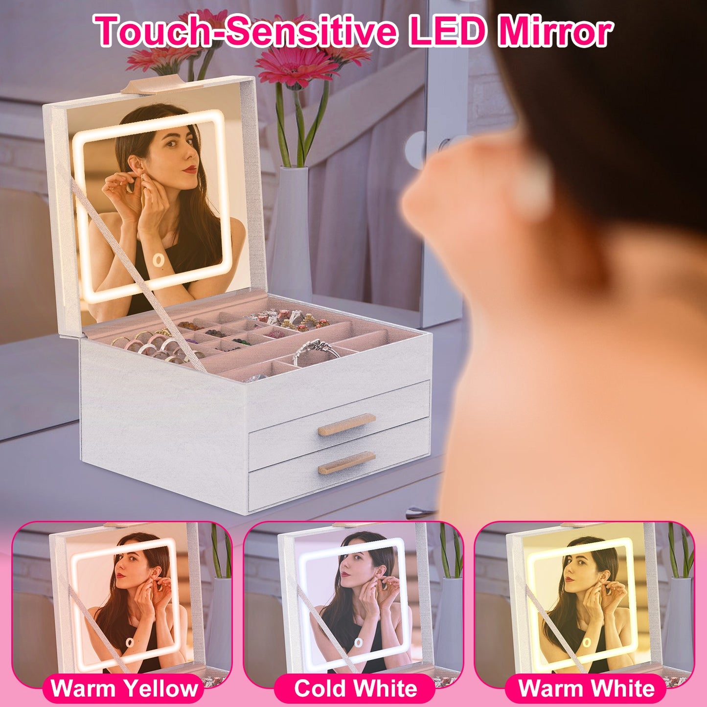 Jewelry Box with LED Mirror 3-Layer Jewelry Organizer with 2 Drawers PU Jewelry Holder with 3 Mirror Light Colors Dimmable for Earrings Rings Bracelet