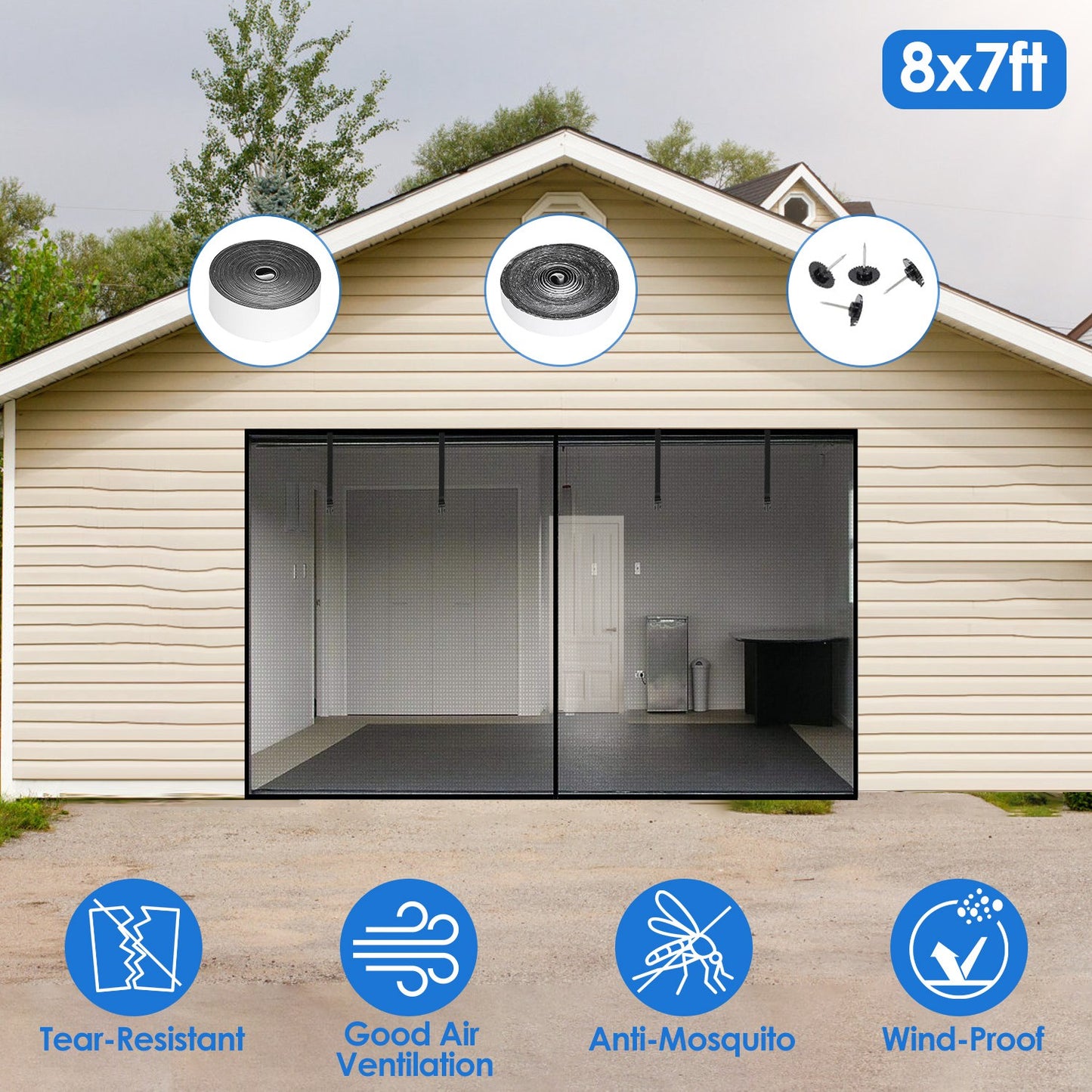 8x7FT Magnetic Garage Door Screen Single-Car Garage Screen Mesh Fiberglass Garage Net with Magnetic Closure 4 Buckle Straps for One Cars