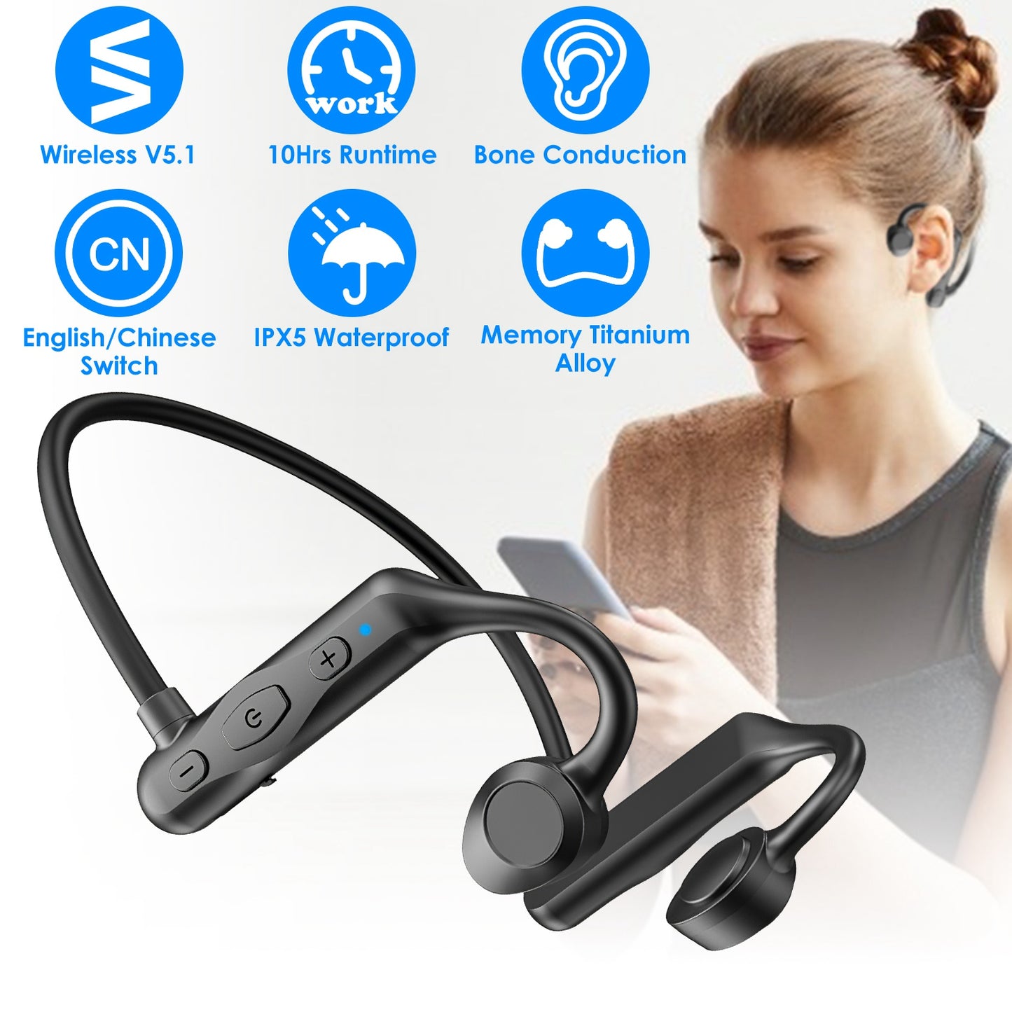 IPX5 Waterproof Wireless V5.1 Bone Conduction Earphones Open-Ear Wireless Headsets Music Sport Wireless Open Hook Earphone with Sensitive Mic For Busi