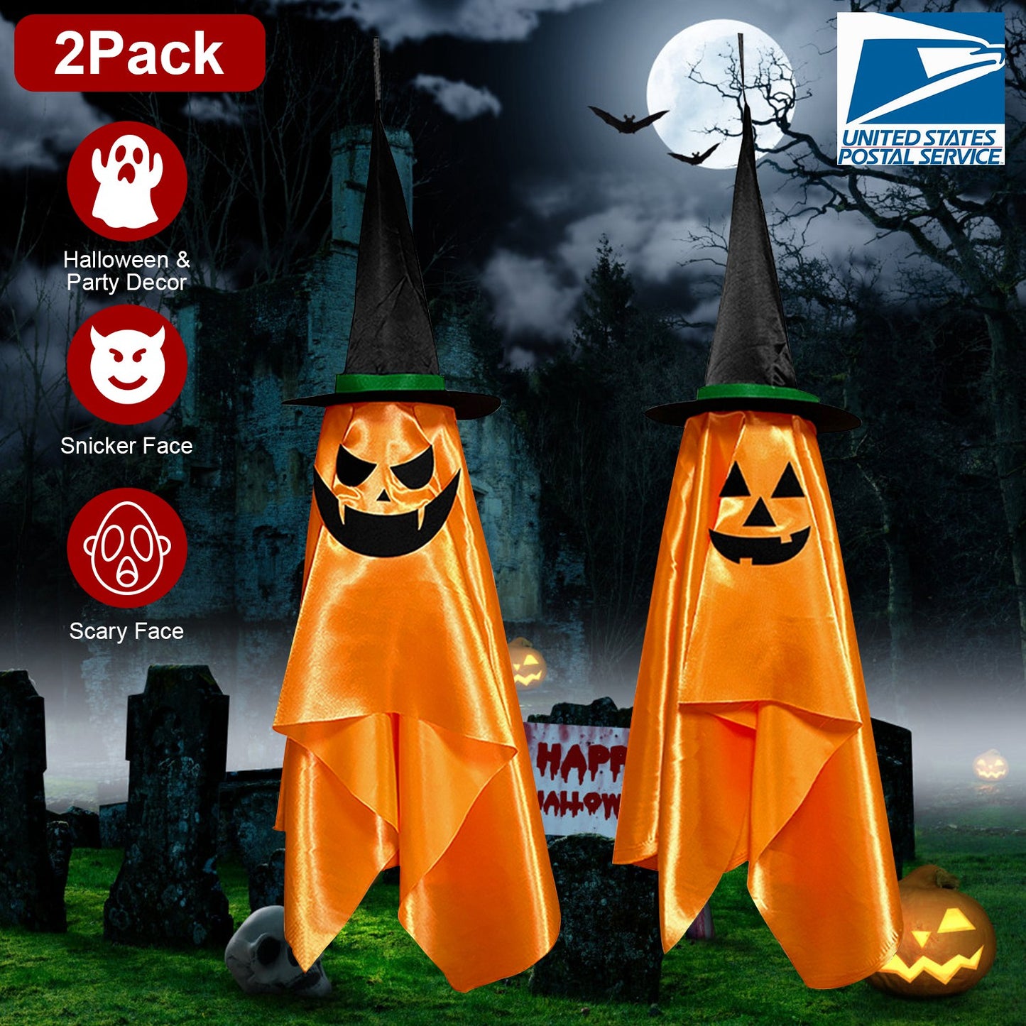 2 Pack Hanging Ghosts with Wizard Hat Snicker Scary Face Halloween Party Hanging Decorations Pumpkin Wizard Hat for Eave Tree Porch