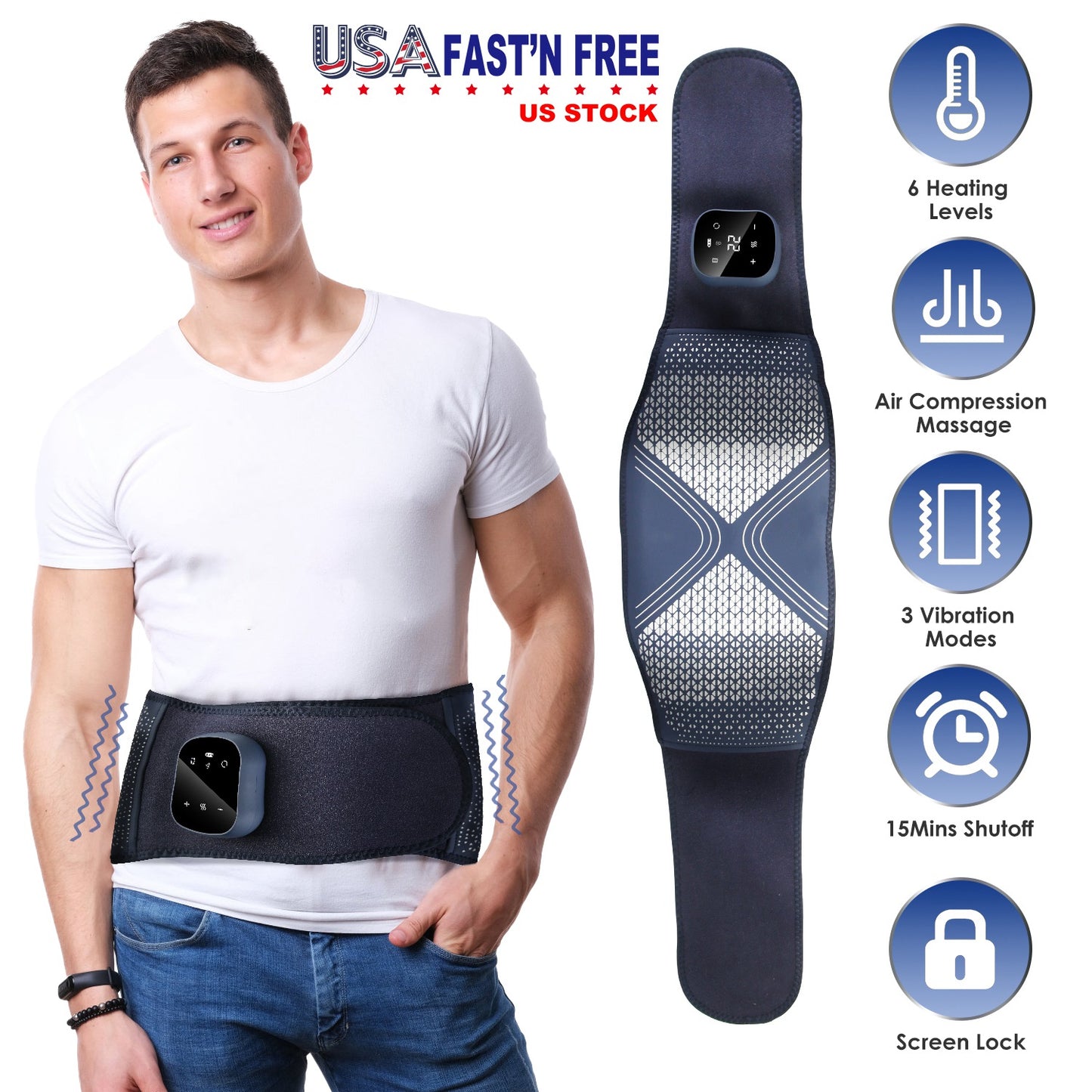 Lower Back Massager Heating Pad Cordless Heating Pad with Air Compression Vibration for Back Belly Waist Shoulder Pain Relief
