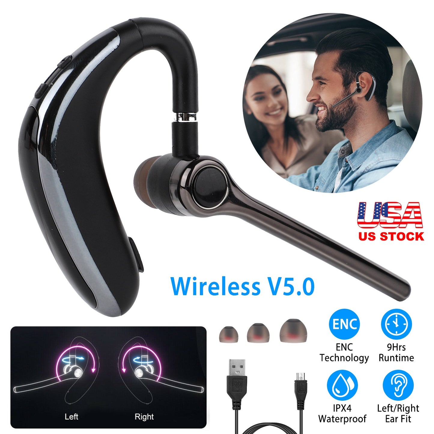 Wireless V5.0 Earpiece ENC Driving Earbuds 180¡ Rotatable Left Right Ear Fit Earphone For Business Driving Running