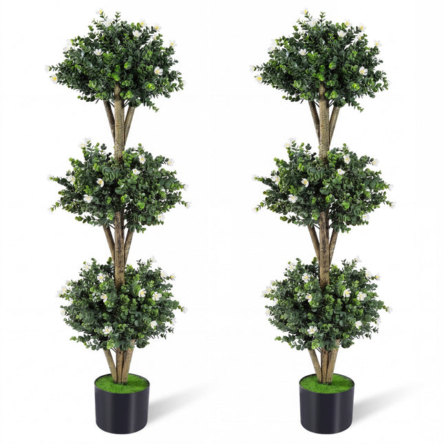 51" Artificial Triple Ball Boxwood Topiary Tree with 59 Blossoms Set of 2