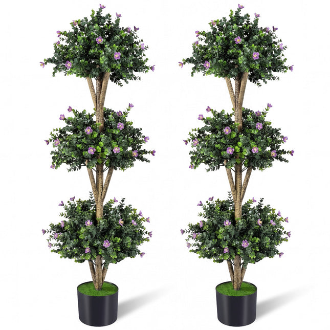 51" Artificial Triple Ball Boxwood Topiary Tree with 59 Blossoms Set of 2