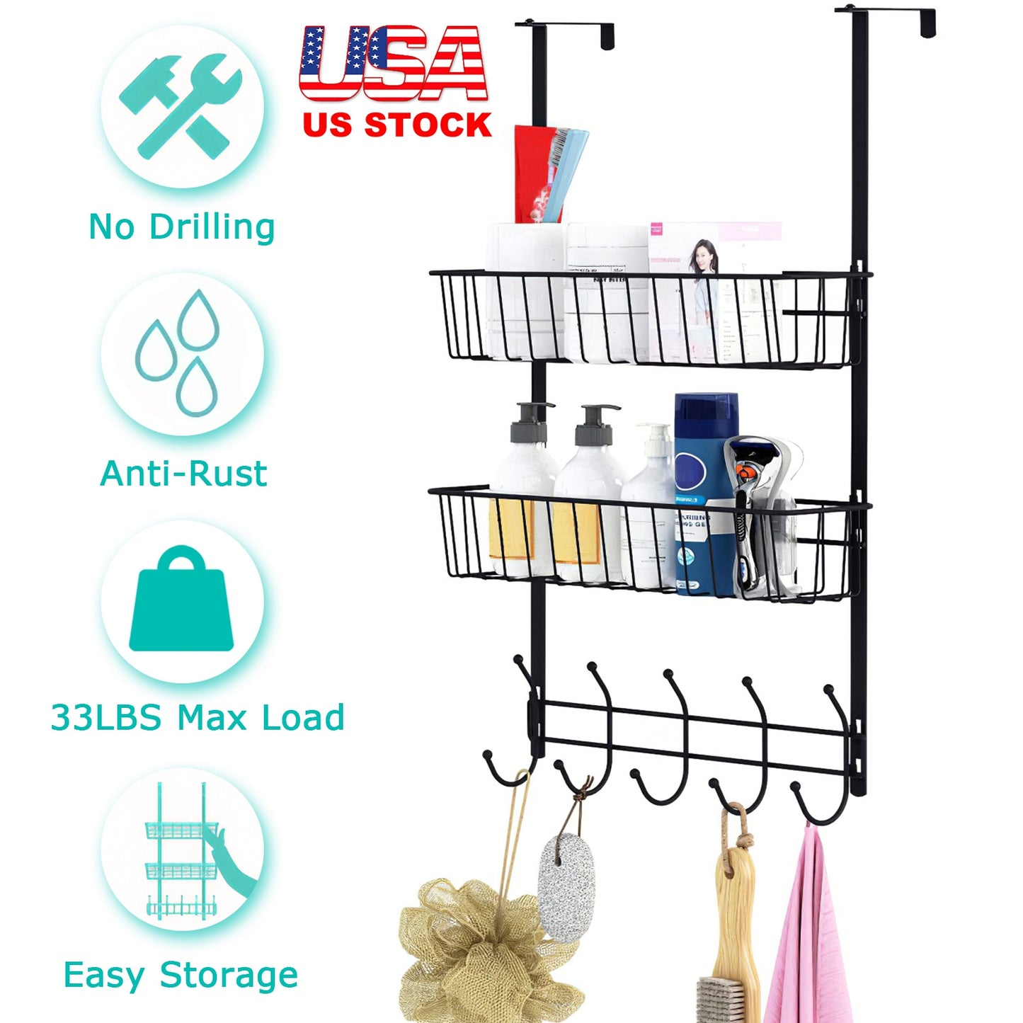 Over The Door Hooks Organizer Door Towel Rack Hanger 5 Hooks with 2 Metal Baskets for Bathroom Bedroom Kitchen Storage Shelf