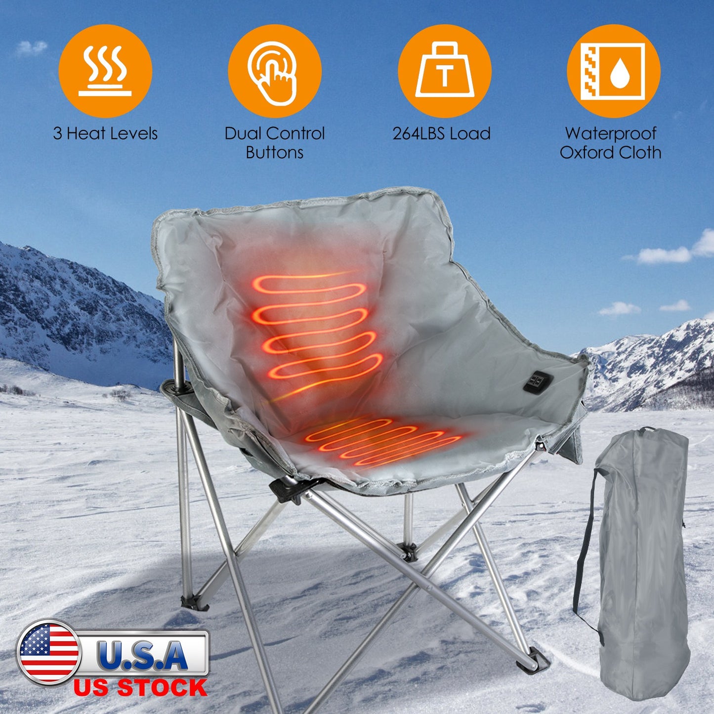 Heated Camping Chair For Adult Outdoor Activities Portable Folding Heated Chair With 3 Adjustable Heat Levels Heating Backrest Cushion Support 264LBS