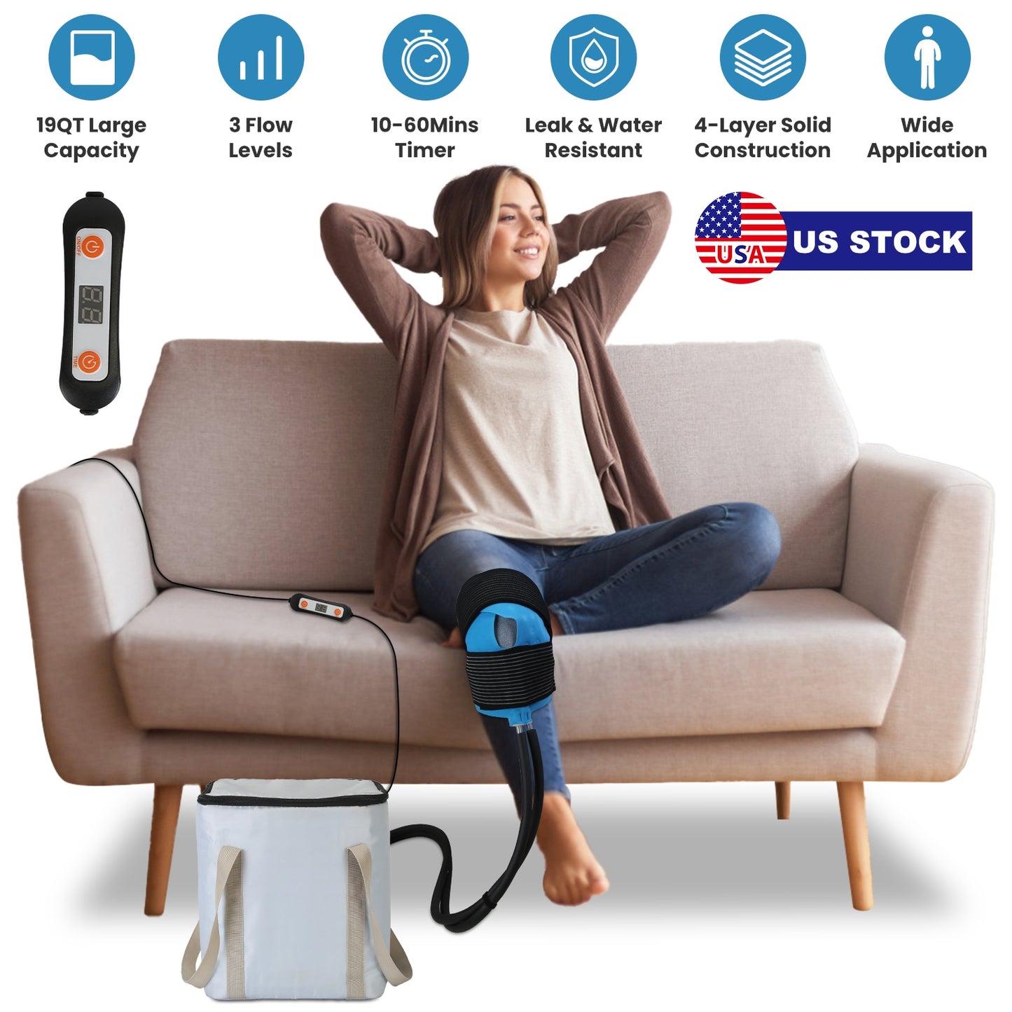 19QT Portable Cold Therapy Machine Programmable Ice Therapy Machine Cold Rush Therapy Machine System with 3 Flow Levels 10-60Mins Timer 3 Elastic Band
