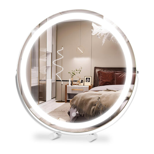 19Inch Large Round Vanity Makeup Mirror With LED Halo Light 3 Lighting Colors Dimmable Brightness Touch Control 360¡ Rotation High-Definition Lighted