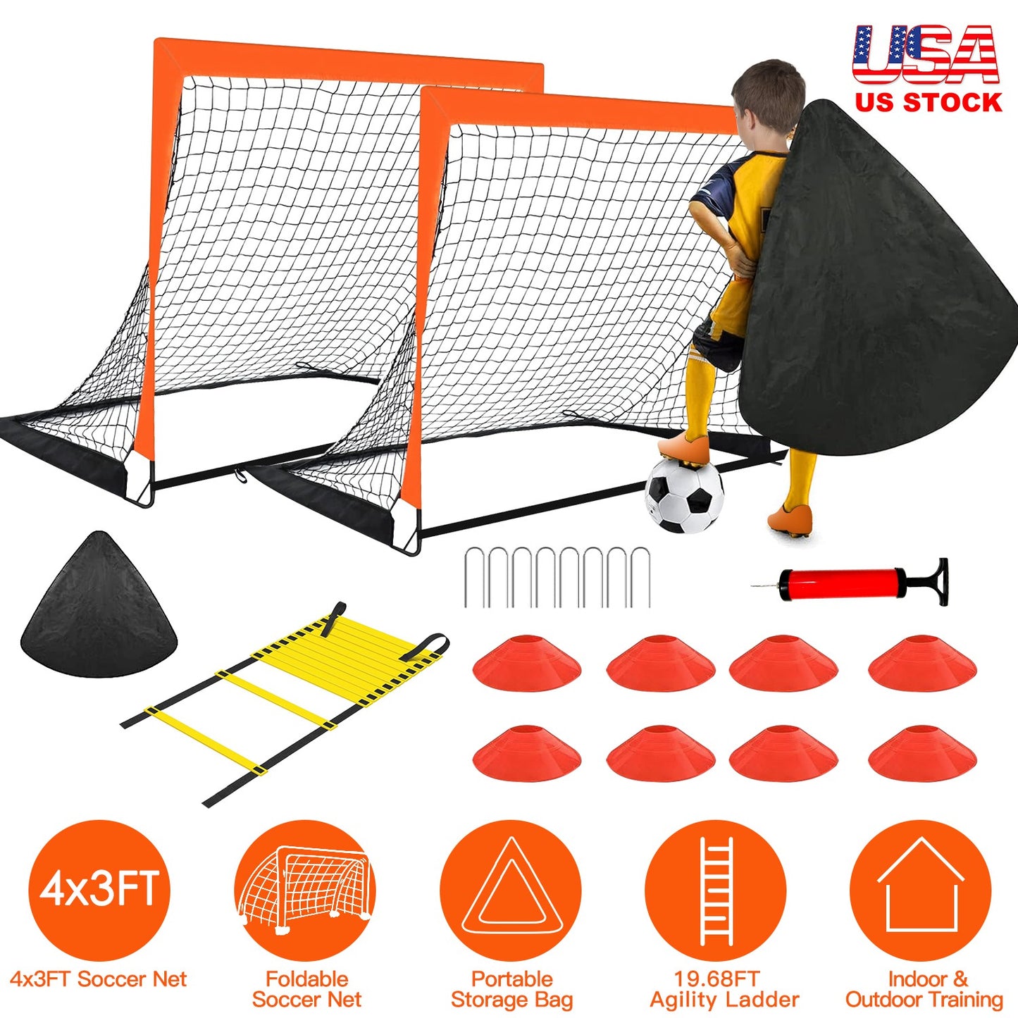 Kids Soccer Goal Training Equipment Set For Backyard Foldable 4x3FT Soccer Net Agility Ladder Inflatable Soccer Field Cones Portable Soccer Practice N