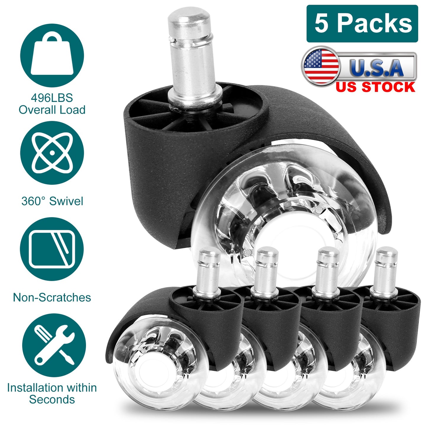 5Pcs Office Chair Wheels Polyurethane Rolling Caster Replacement for Hardwood Floor Carpet Universal Fit 496LBS Max Load