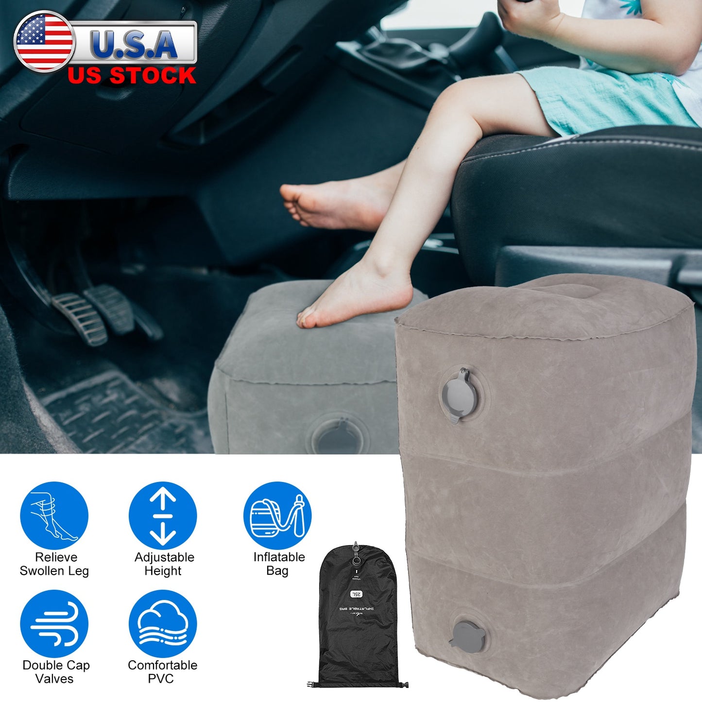 Inflatable Foot Rest with Air Bag 3 Adjustable Height Travel Foot Pillow Kids Airplane Bed Relieve Leg Feet Pain Leg Rest Stool For Train Car Airplane