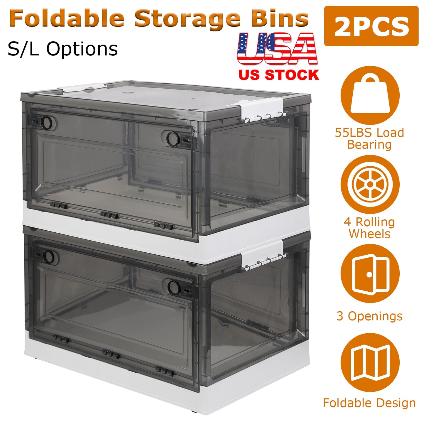 2 Packs Foldable Storage Bins Collapsible Storage Box Organizer Stackable Toy Container with Double Doors Top Lid Rolling Wheels for Clothes Toys Book