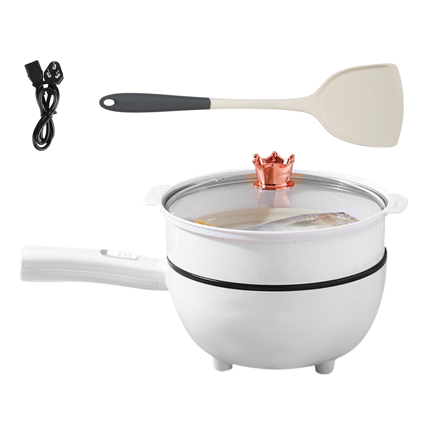 Electric Hot Pot Non-Stick Frying Pan Portable Rapid Noodles Cooker with Long Handle Steamer Spatula Dual Power Control Overheat Dry-Boil Protection f