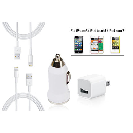 Car & Wall Charger + 2 Cables for iPhone 5/ iTouch 5/ iPod Nano 7