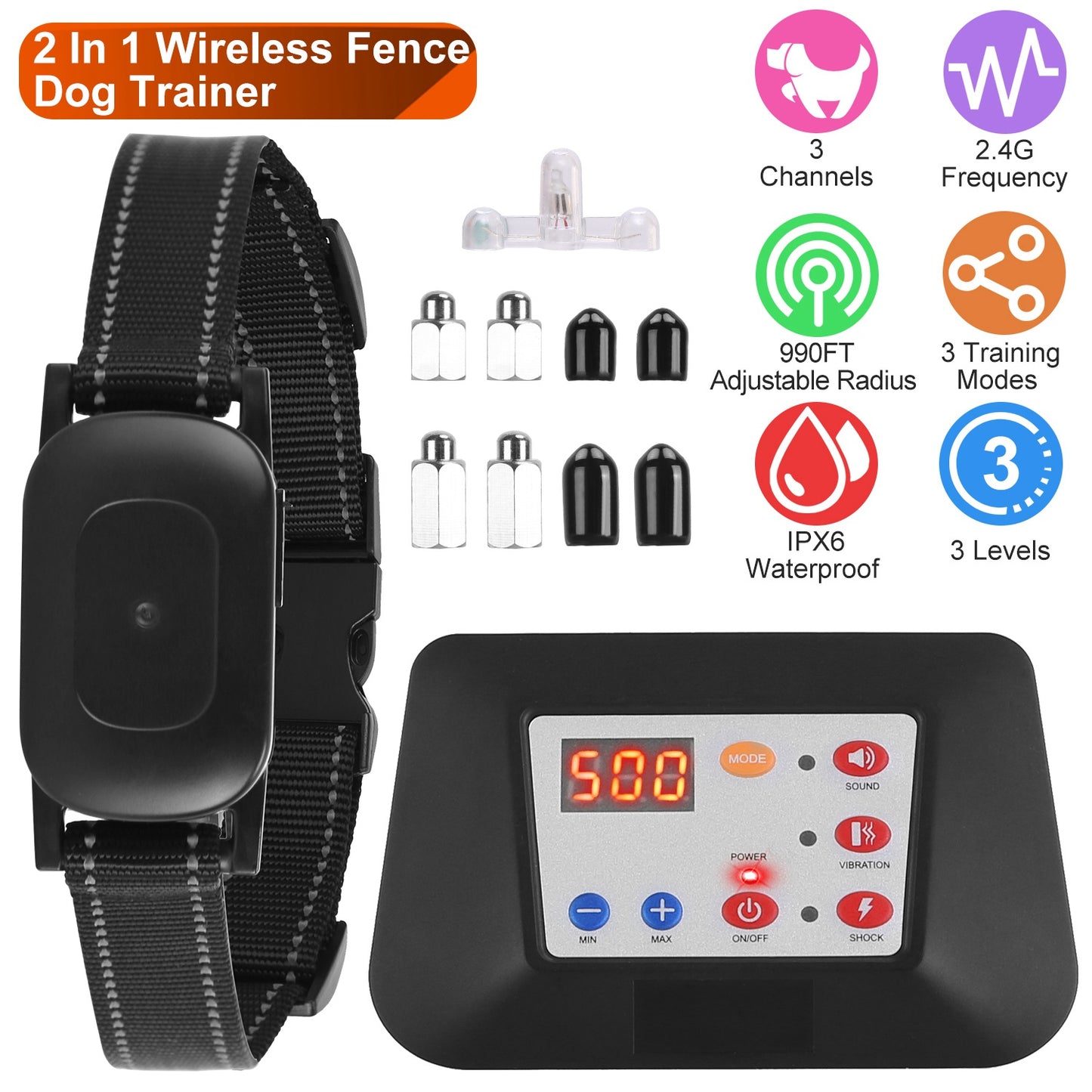990FT Radius Dog Training Collar Wireless Fence IPX6 Waterproof Pet Beep Vibration Electric Shock Fence System 3 Channels Rechargeable Transmitter Rec
