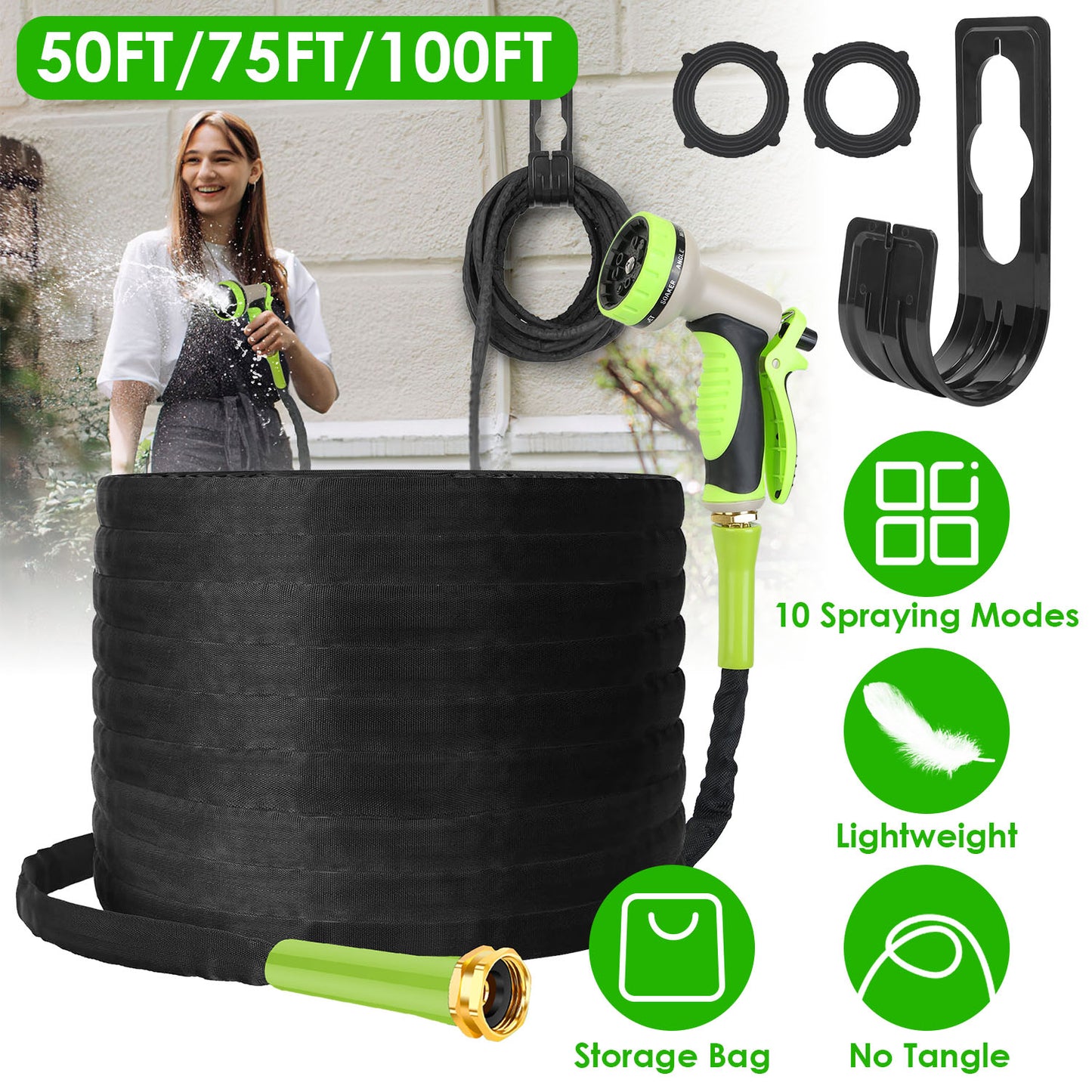 50FT Non-Expandable Garden Hose Kink-Free Lightweight Water Hose Lay Flat Garden Hose with 10 Patterns Hose Nozzle Storage Bag Hanging Hook for Outdoo