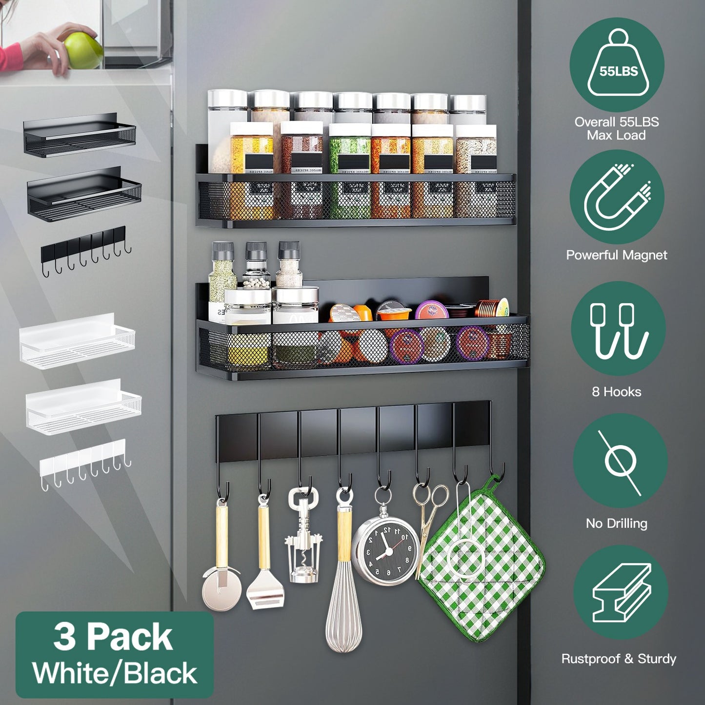 3 Pack Strong Magnetic Spice Rack with 8 Hooks Fridge Oven Microwave Magnetic Storage Shelves Seasoning Holder Organizer for Jars Seasoning Tins Utens