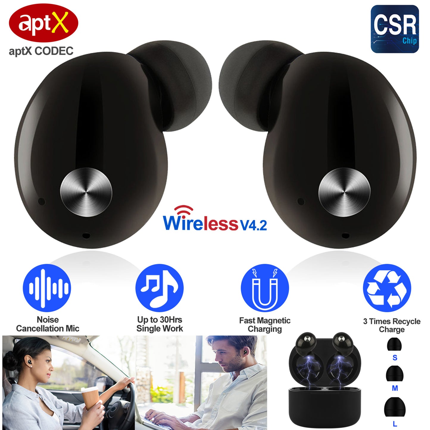 TWS True Wireless V4.2 Earbuds IPX4 In-ear stereo Earphone Hands-free Deep Bass Earpiece w/Mic Magnetic Charging Case 30Hrs Single Earbud Work Time Dr