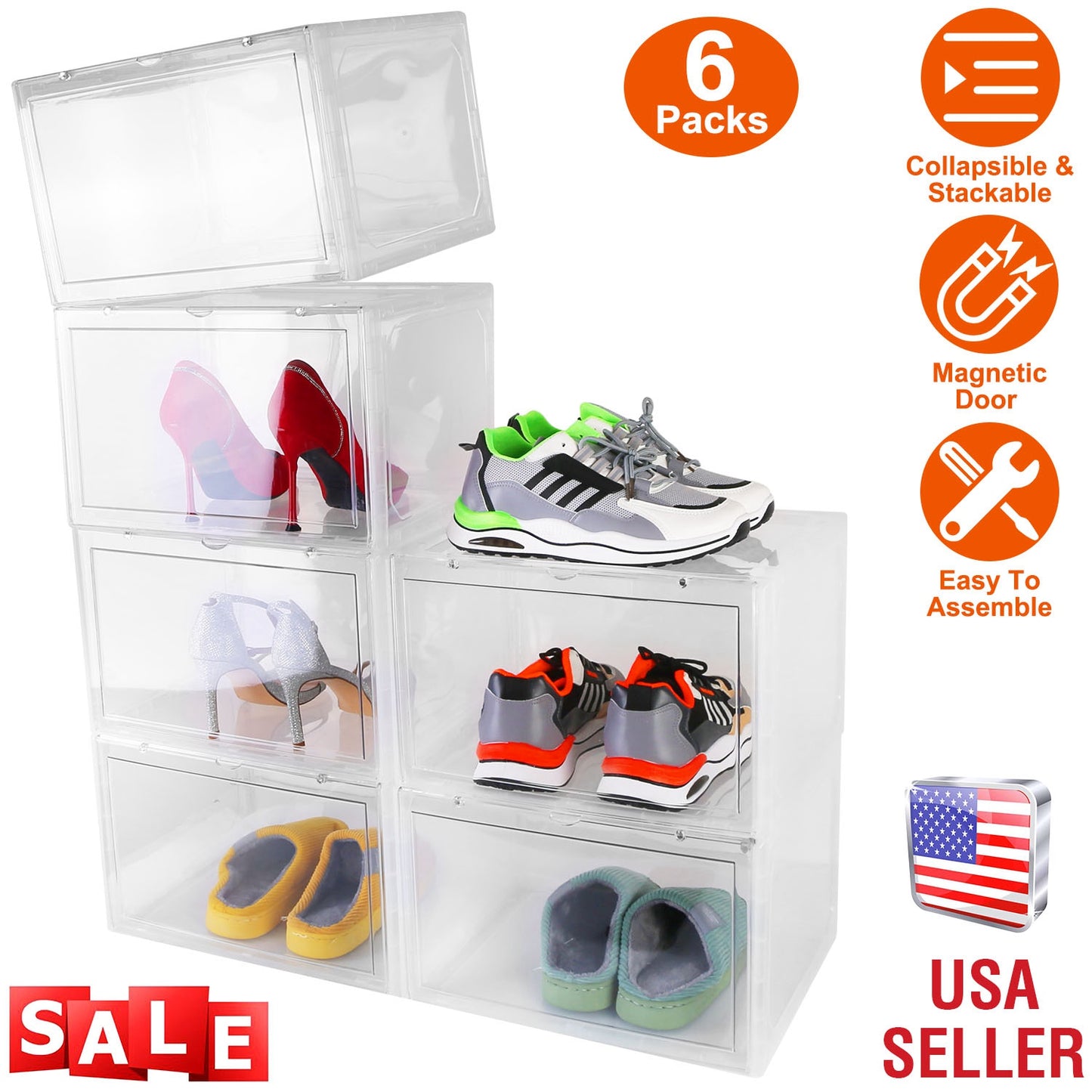 6Packs Collapsible Shoe Box Stackable Shoe Storage Bin Transparent Dustproof Hard PP Shoe Organizer Container with Magnetic Door