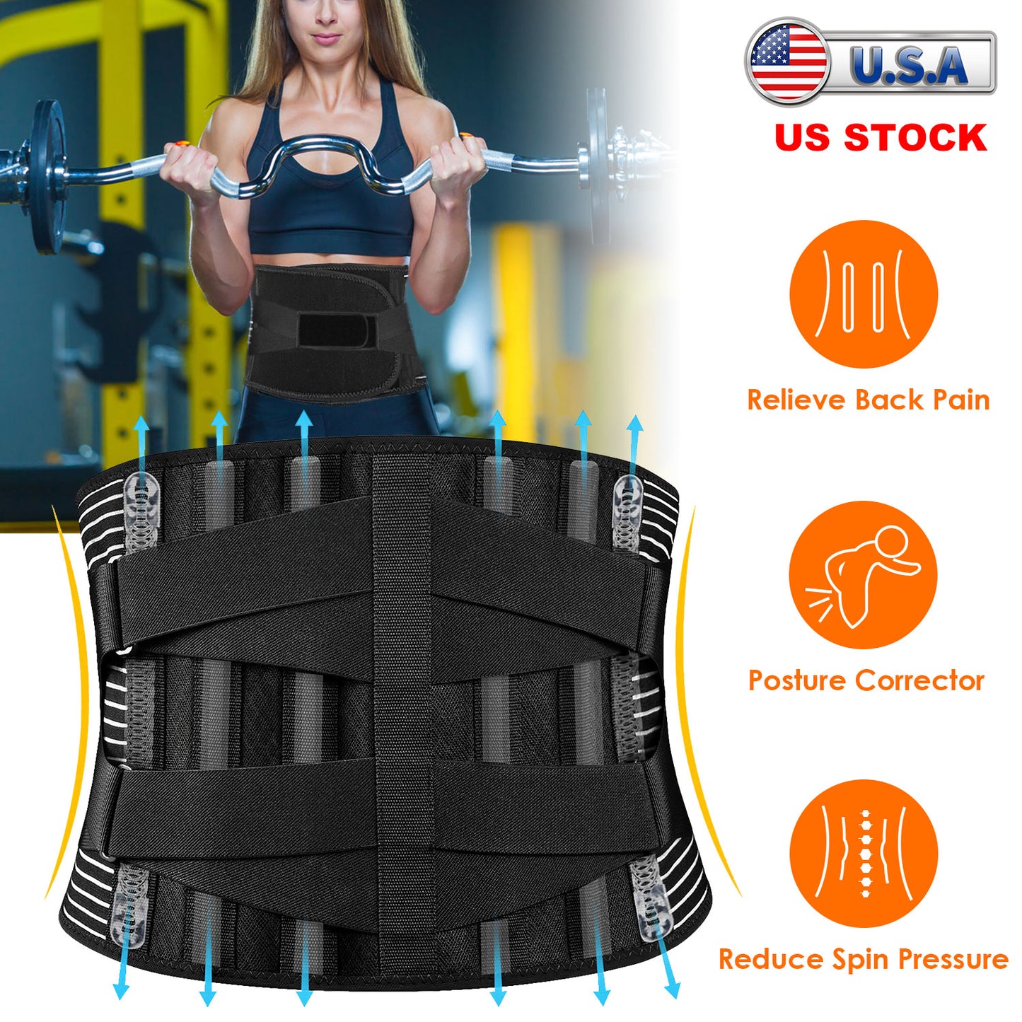 Back Support Brace Breathable Mesh Lumbar Support BeltÊAdjustable Lower Back Brace with Stays and Springs for Pain Relief for Men Women