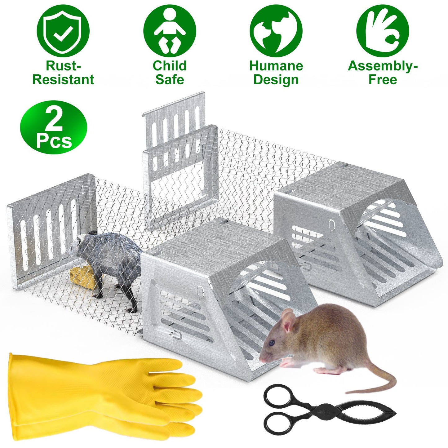 2Pcs Humane Mouse Trap Cage No Assembly Need Automatic Continuous Rat Trap with Single Way Door Reusable Catch And Release Live Cage Trap for Rodents