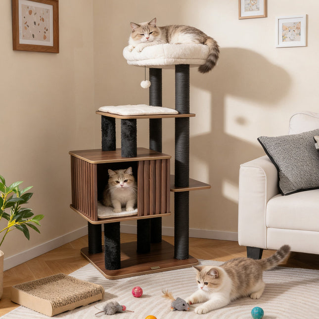 53.5 inch Tall Cat Tree for Indoor Cat Wooden Cat Tower Top Perch with Soft Padding-Brown