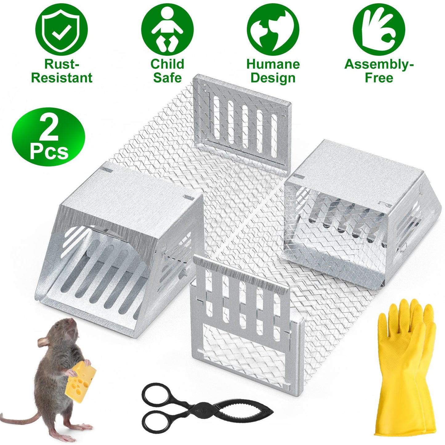 2Pcs Humane Mouse Trap Cage No Assembly Need Automatic Continuous Rat Trap with Single Way Door Reusable Catch And Release Live Cage Trap for Rodents