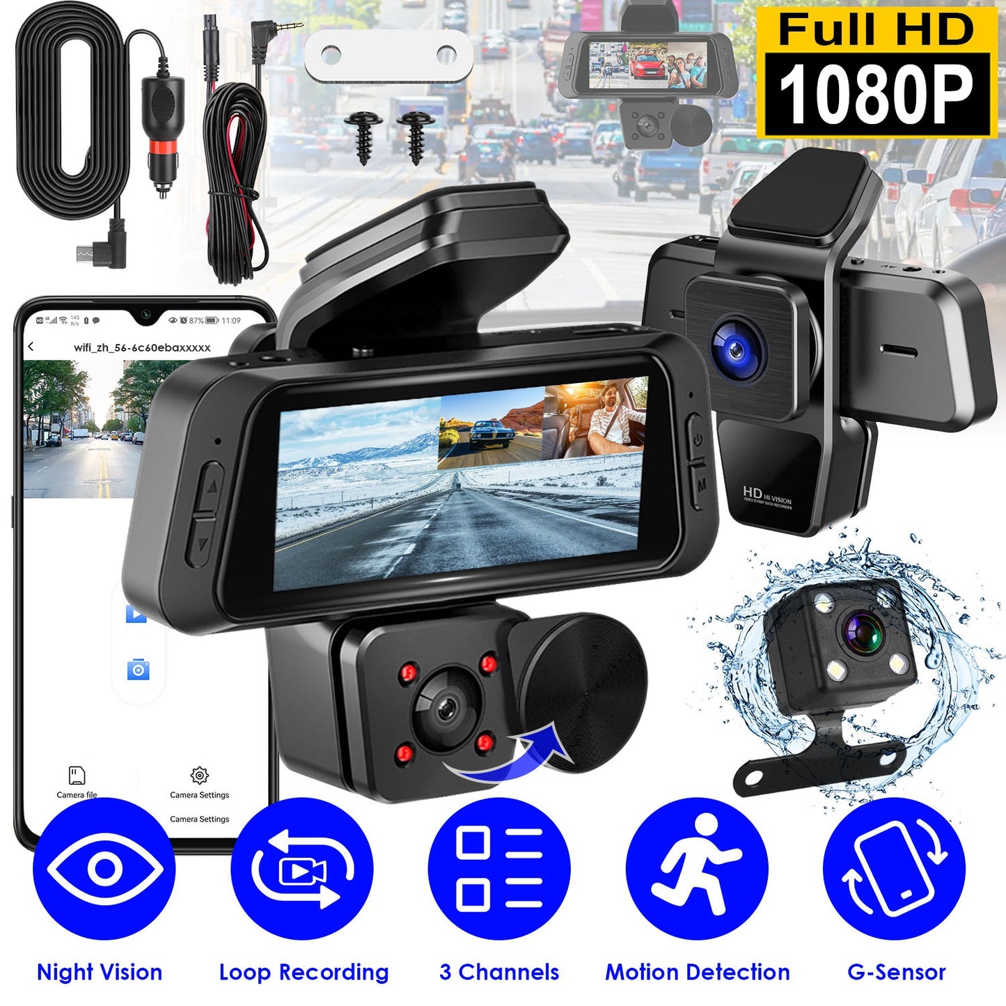 1080P FHD 3 Channel WiFi Dash Cam 170¡ Wide Angle Triple Car Camera With IR Night G-Sensor Motion Detection Loop Recording App Control Support 128G Ma