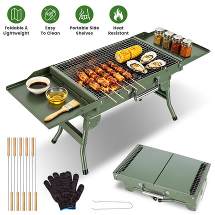 Foldable Charcoal Grill with Storage Shelf and 10 Skewers