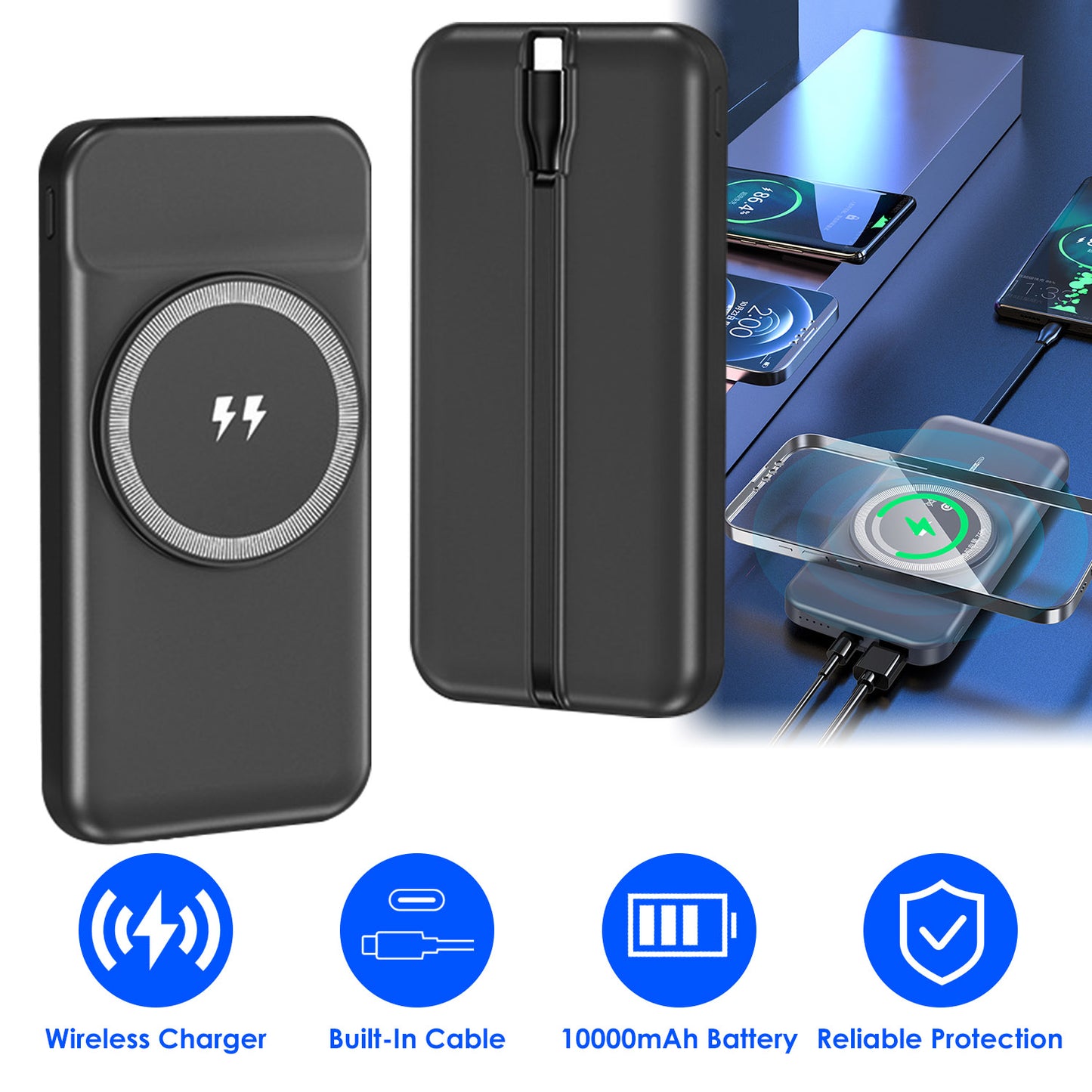 10000mAh 22.5W Magnetic Wireless Power Bank PD Fast Charging Portable Charger with Built-in Type-C Cables 15W Wireless Charging
