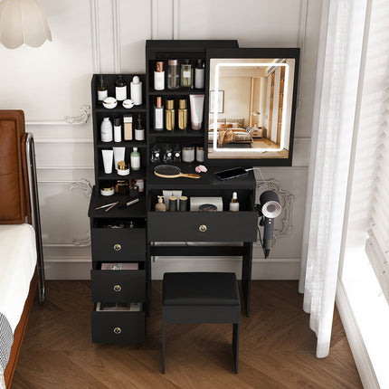 Vanity Desk Set with Lighted Mirror, 4 Drawers & Stool
