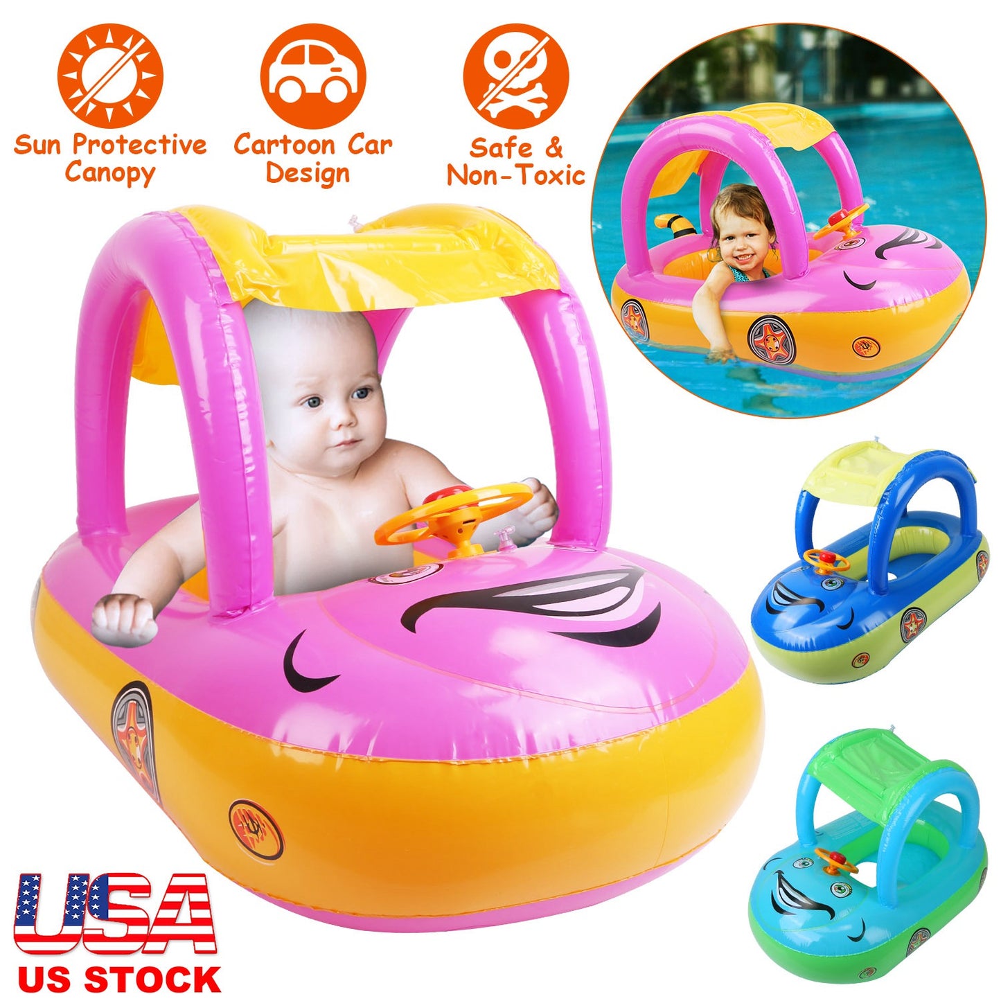 Baby Inflatable Pool Float Car Shaped Toddler Swimming Float Boat Pool Toy Infant Swim Ring Pool with Sun Protection Canopy for 1-3 Year-Old Kids Infa