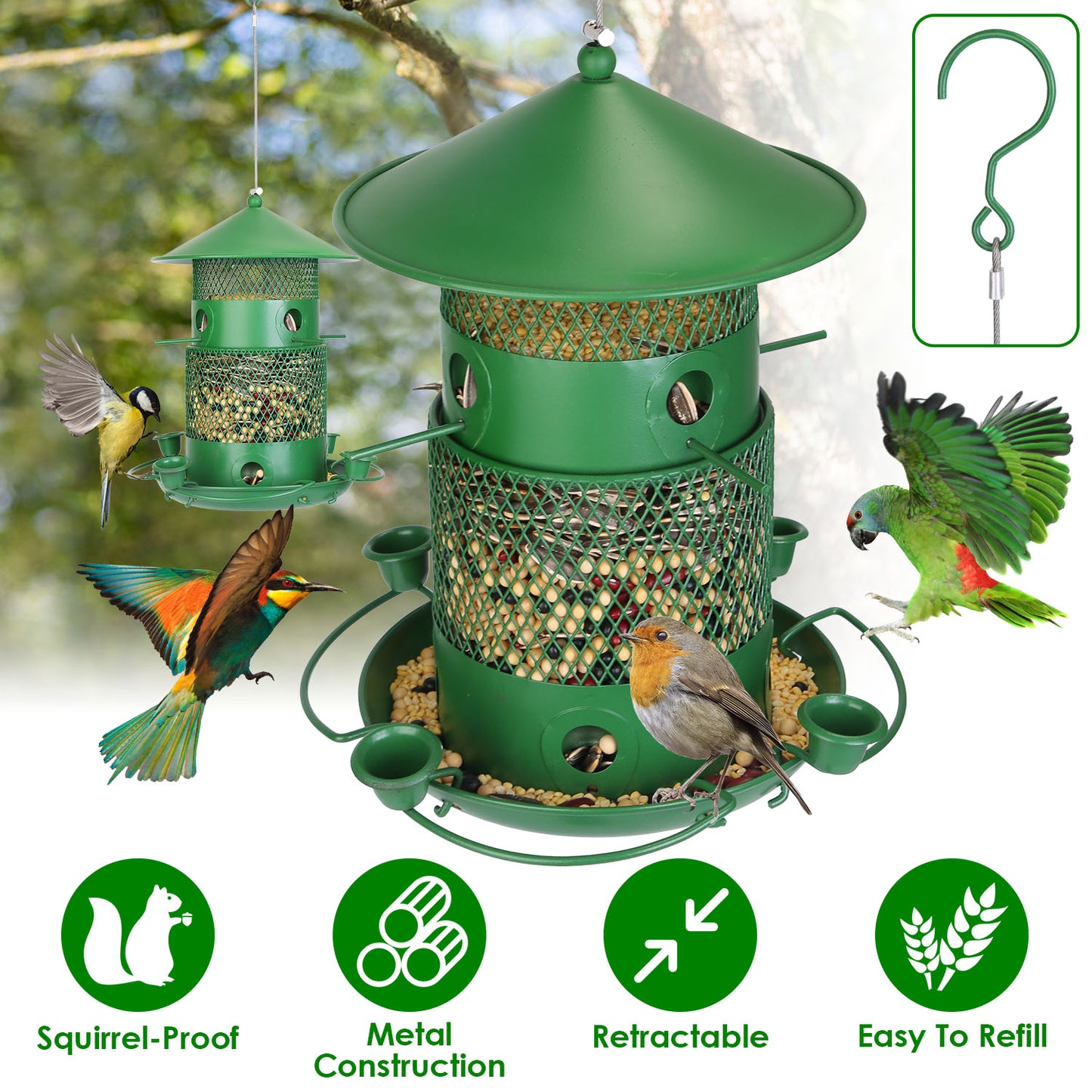 Wild Bird Feeder Squirrel-Proof Chew-Proof Metal Bird Seed Feeder Outdoor Hanging Bird Feeder With 360¡ Circular Perches Water Cups For Yard Garden Pa