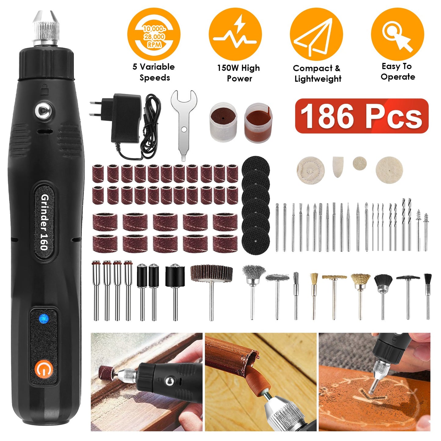 Mini Corded Rotary Power Tool Set of 186Pcs Electric Detail Sander Grinding Pen Small Drill Kit Engraver with 5 Speeds for Sanding Polishing Drilling