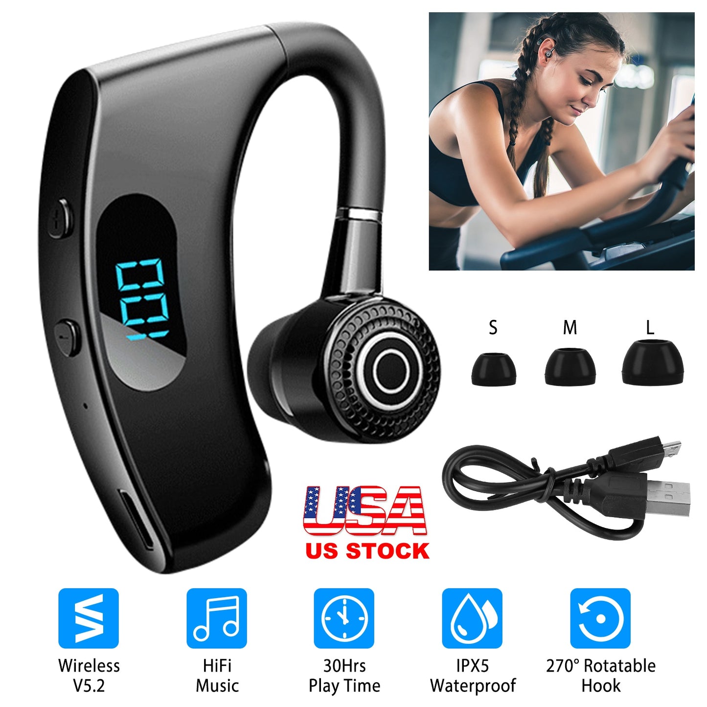 Unilateral Wireless V5.2 Earpiece Rechargeable Wireless in-Ear Headset with Hook for Car Driving Phone Call Office