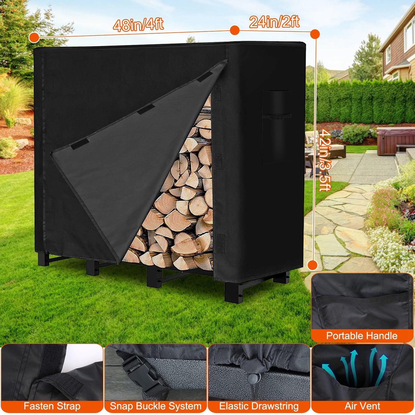 4FT Firewood Log Rack Cover Rectangular Wood Rack Cover 420D Oxford Fabric Waterproof Windproof UV Resistant Tear-resistant 48x24x42in Black