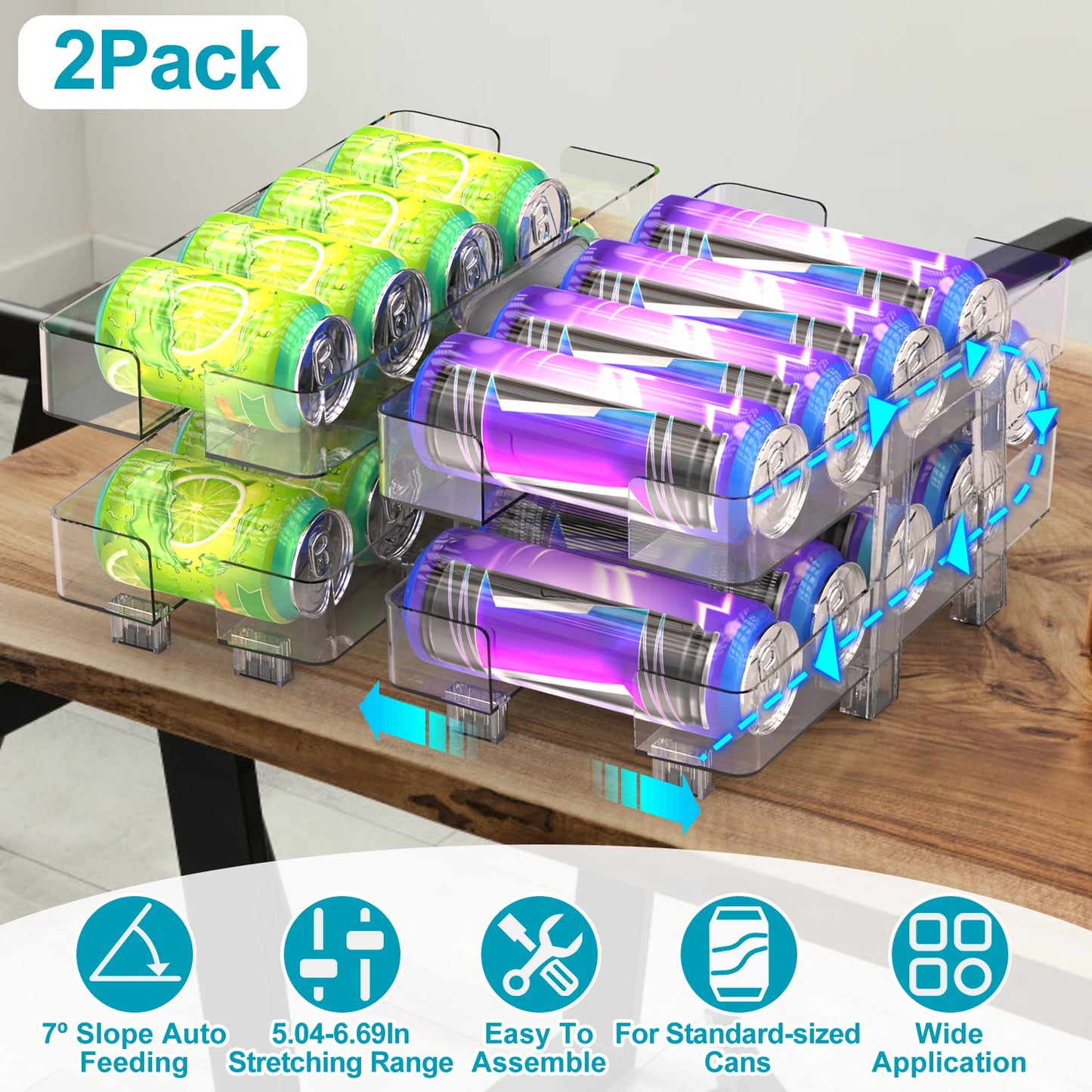 2Pack Adjustable Soda Can Organizers 2-Tier Pop Can Holders Beverage Dispensers For Fridge Pantry Cabinet 7¼ Slope Auto Rolling
