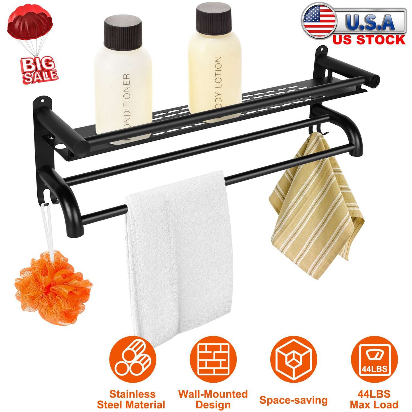 2 Tier Wall Mounted Towel Rack Bar Rail Towel Holder Hanger Bathroom Toiletries Storage Shelf with Nail Free Stickers